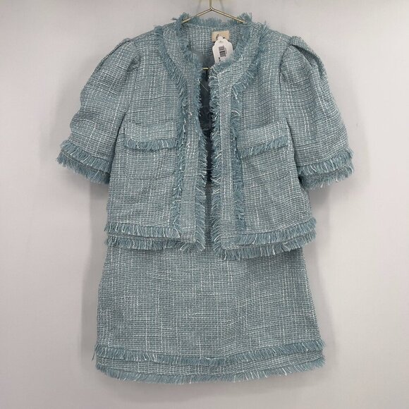 Lena Light Blue Tweed Short Sleeve Jacket & Skirt Matching Set Size L NWT - Picture 1 of 15
